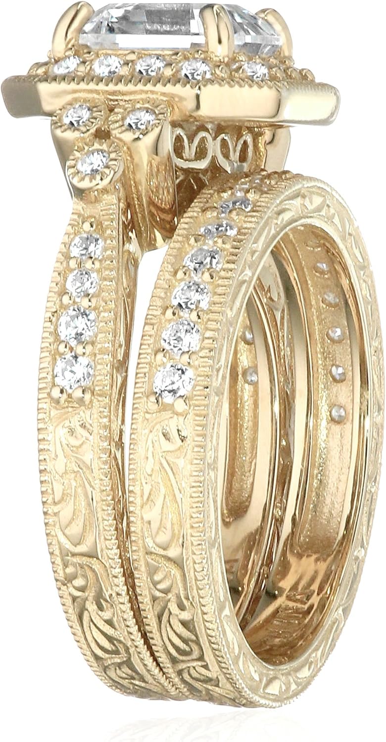 Amazon Essentials Platinum or Gold Plated Sterling Silver Antique Ring set with Asscher-Cut Infinite Elements Cubic Zirconia - Image 3