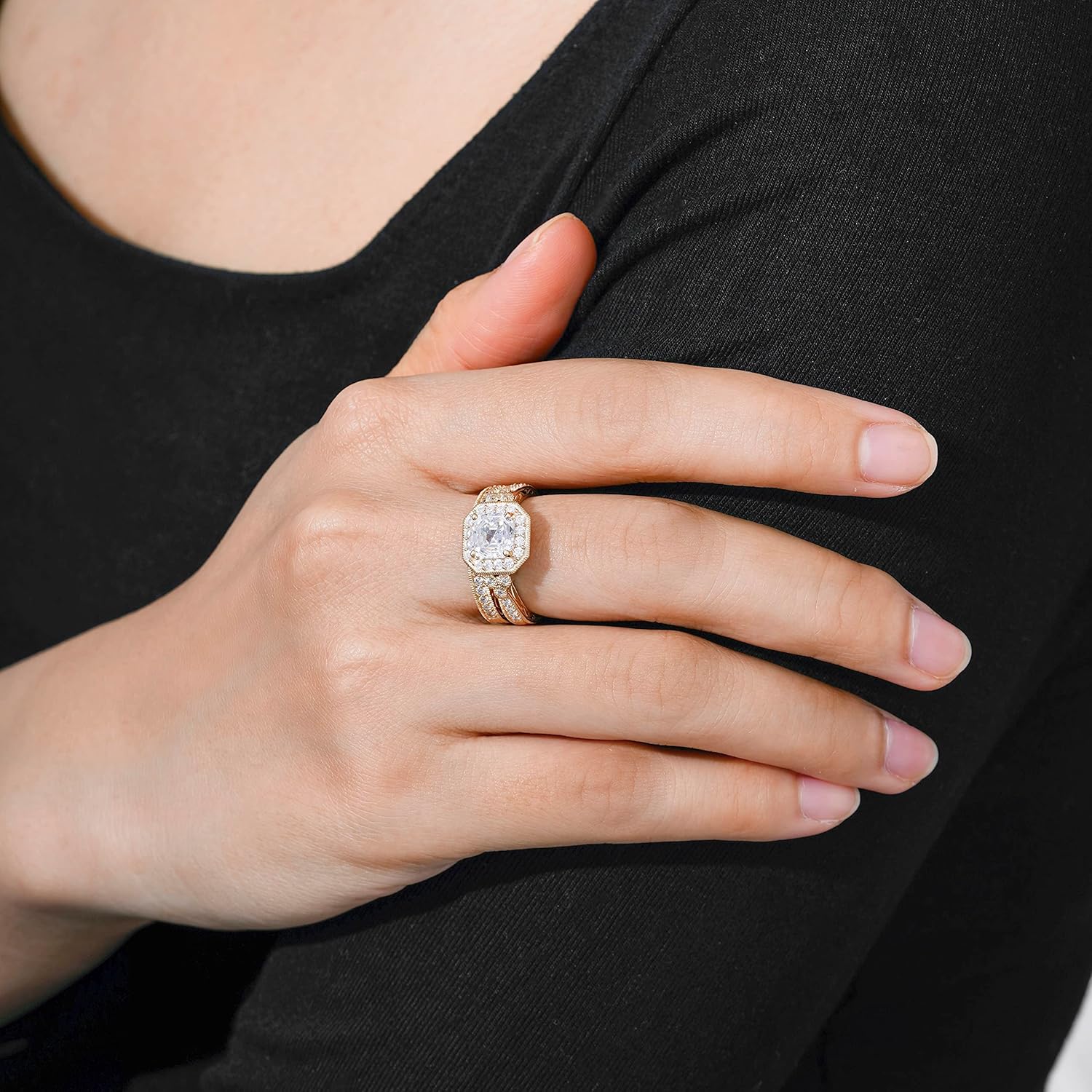 Amazon Essentials Platinum or Gold Plated Sterling Silver Antique Ring set with Asscher-Cut Infinite Elements Cubic Zirconia - Image 7