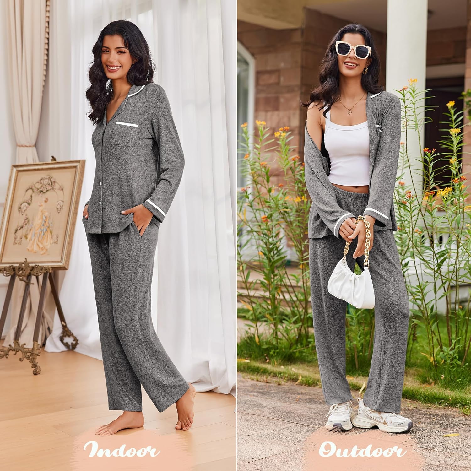 Ekouaer Women's Pajama Sets Long Sleeve Button Down 2 Piece Pjs Soft Lounge Sets Notch Collar Sleepwear - Image 6