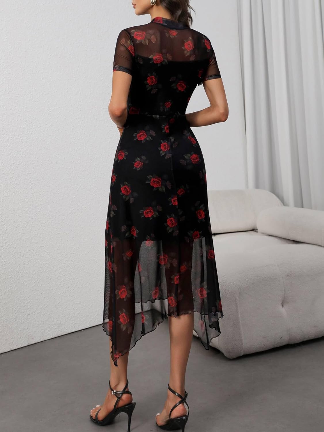 GothDark Women's Wedding Guest Floral Print Vintage Goth Dress Mesh Spliced Double-Layered Irregular Hemline Midi Dresses - Image 3