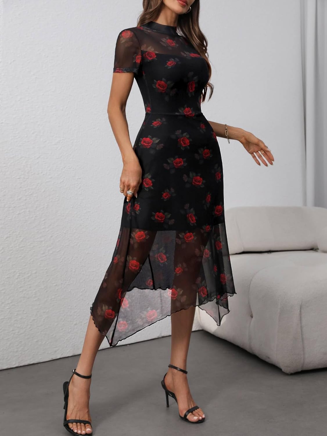 GothDark Women's Wedding Guest Floral Print Vintage Goth Dress Mesh Spliced Double-Layered Irregular Hemline Midi Dresses - Image 4