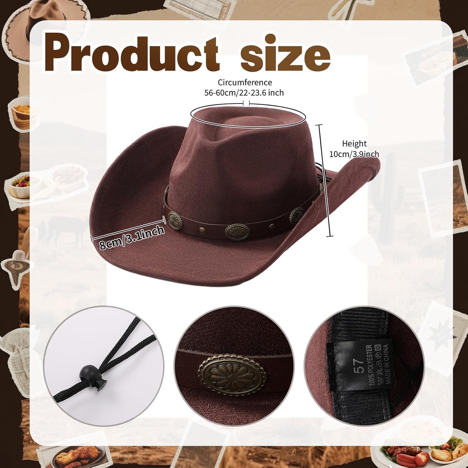 3 Pcs Western Felt Cowboy Hat Disc Belt Sets for Women Vintage Cowgirl Costume Boho Disc Outfit Accessories - Image 4