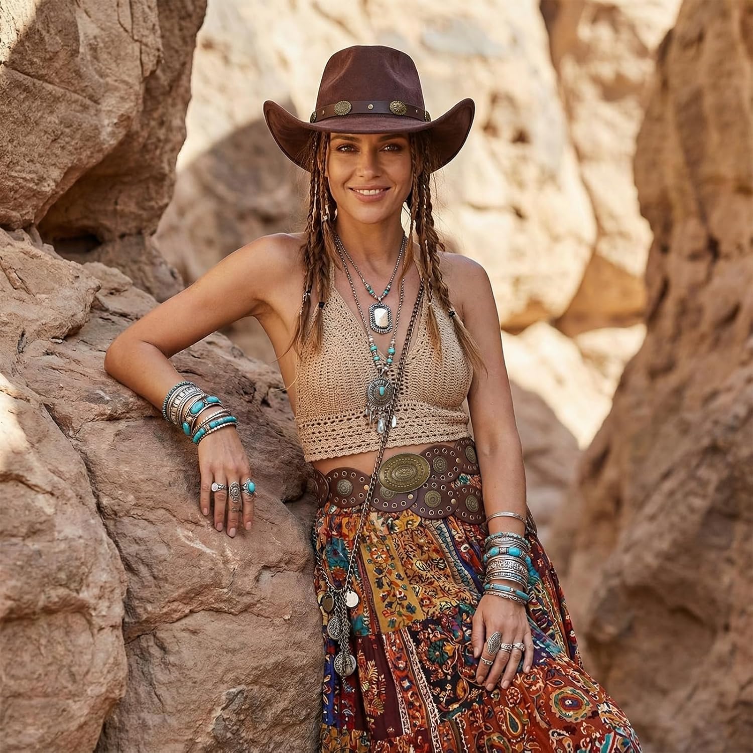 3 Pcs Western Felt Cowboy Hat Disc Belt Sets for Women Vintage Cowgirl Costume Boho Disc Outfit Accessories - Image 6