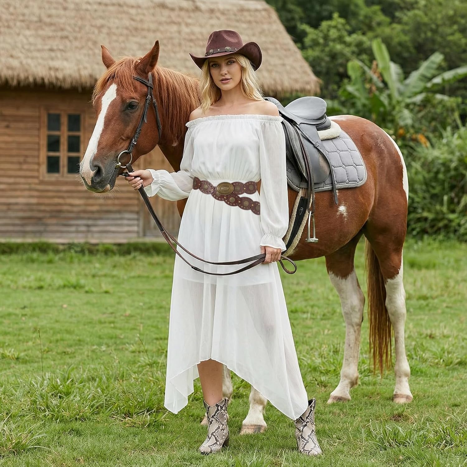 3 Pcs Western Felt Cowboy Hat Disc Belt Sets for Women Vintage Cowgirl Costume Boho Disc Outfit Accessories - Image 7