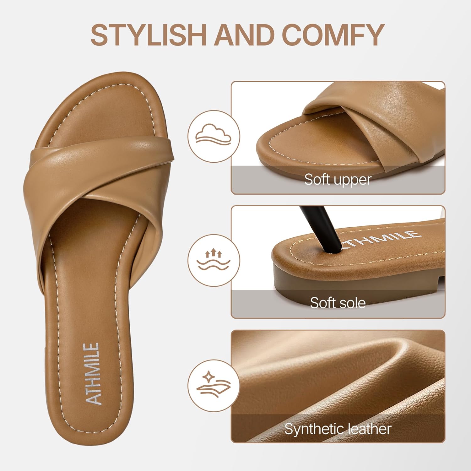 ATHMILE Sandals for Women 2026 Dressy Summer Flat Comfortable Fashion Beach Cute Ladies Slides Leather Casual Dress Women's Sandals Size 6-11 - Image 6