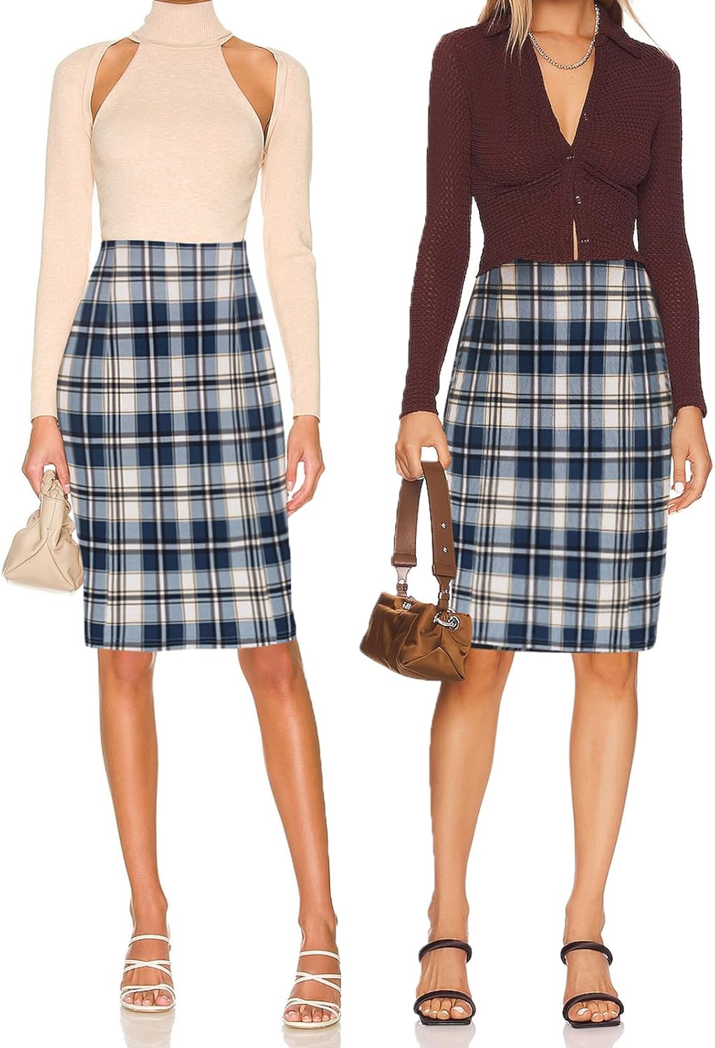 Kate Kasin Womens Knee Length Elastic Waist Stretchy Bodycon Plaid Business Pencil Skirt - Image 3