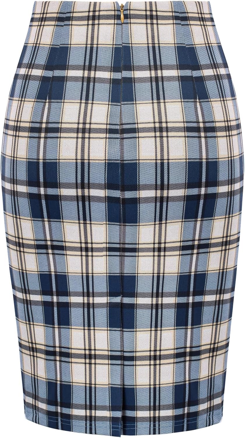Kate Kasin Womens Knee Length Elastic Waist Stretchy Bodycon Plaid Business Pencil Skirt - Image 4