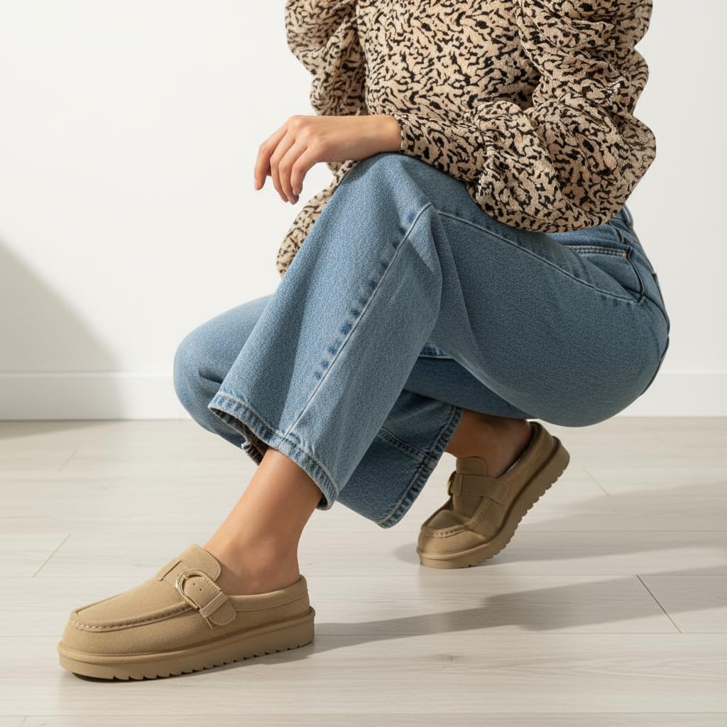 CUSHIONAIRE Origin Genuine Suede Mule Clogs for Women, Cozy Slip-On Moc Toe Loafer with Buckle and Faux Fur Cushioned Footbed - Image 3