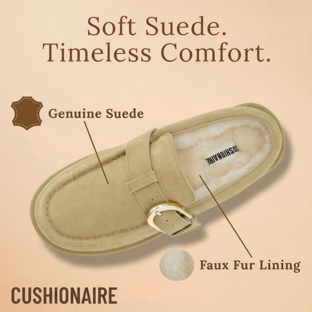 CUSHIONAIRE Origin Genuine Suede Mule Clogs for Women, Cozy Slip-On Moc Toe Loafer with Buckle and Faux Fur Cushioned Footbed - Image 6