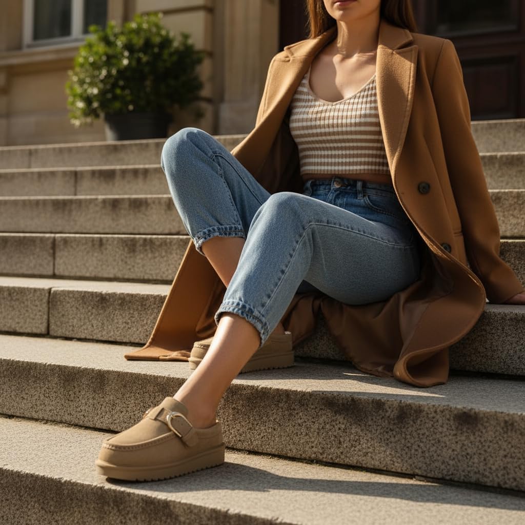 CUSHIONAIRE Origin Genuine Suede Mule Clogs for Women, Cozy Slip-On Moc Toe Loafer with Buckle and Faux Fur Cushioned Footbed - Image 7