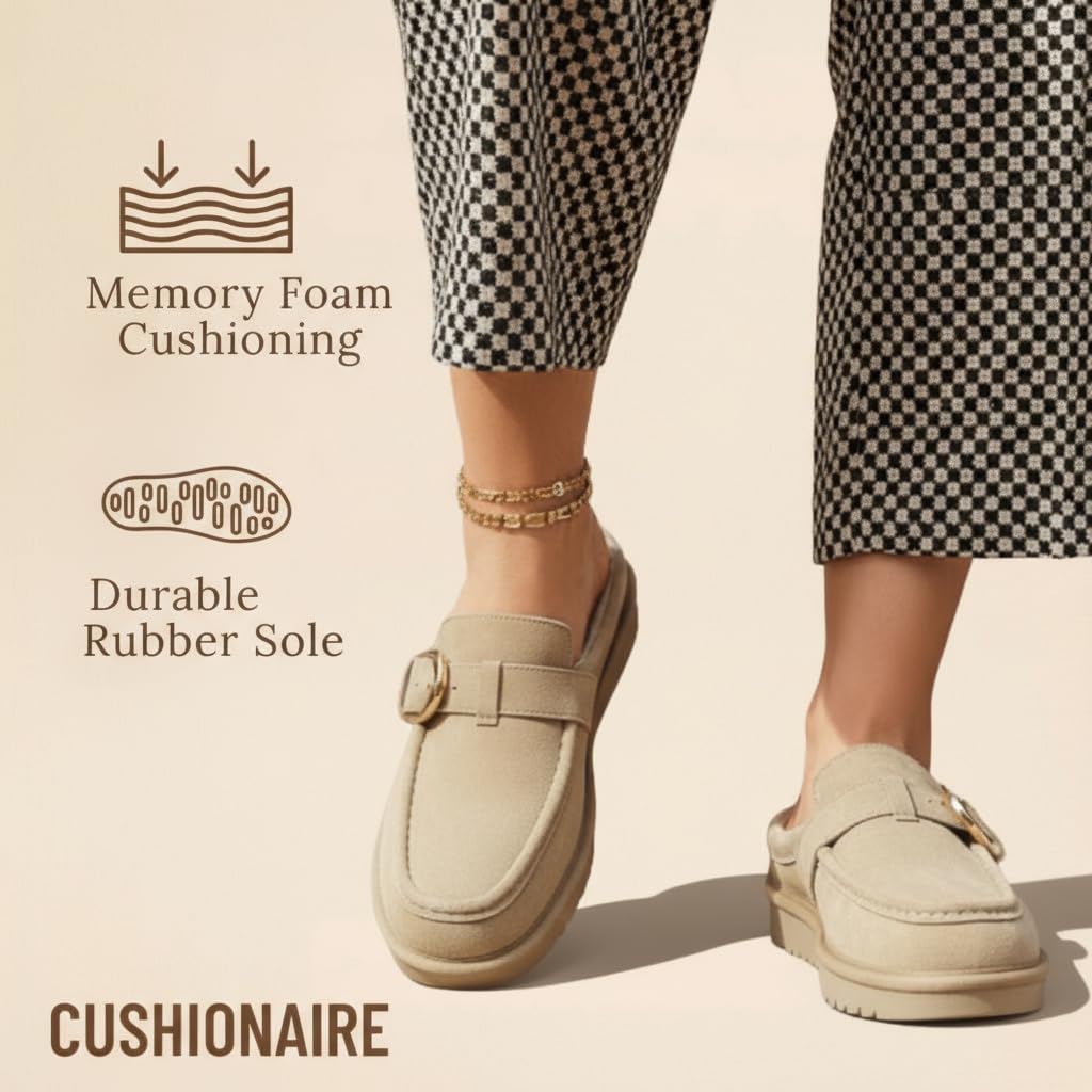 CUSHIONAIRE Origin Genuine Suede Mule Clogs for Women, Cozy Slip-On Moc Toe Loafer with Buckle and Faux Fur Cushioned Footbed - Image 8