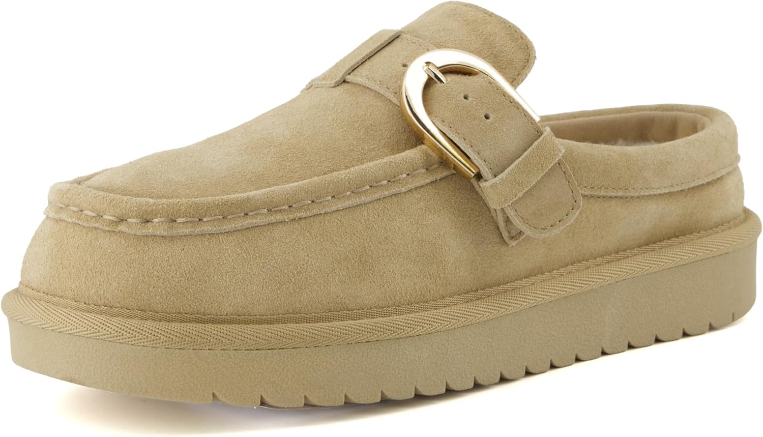 CUSHIONAIRE Origin Genuine Suede Mule Clogs for Women, Cozy Slip-On Moc Toe Loafer with Buckle and Faux Fur Cushioned Footbed - Image 10