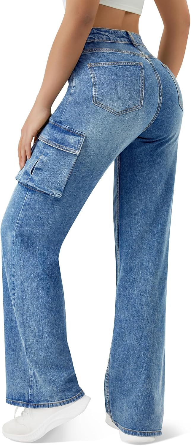 Women High Waisted Cargo Jean for Women with 6 Pockets Straight Wide Leg Jean Casual Baggy Pants - Image 3