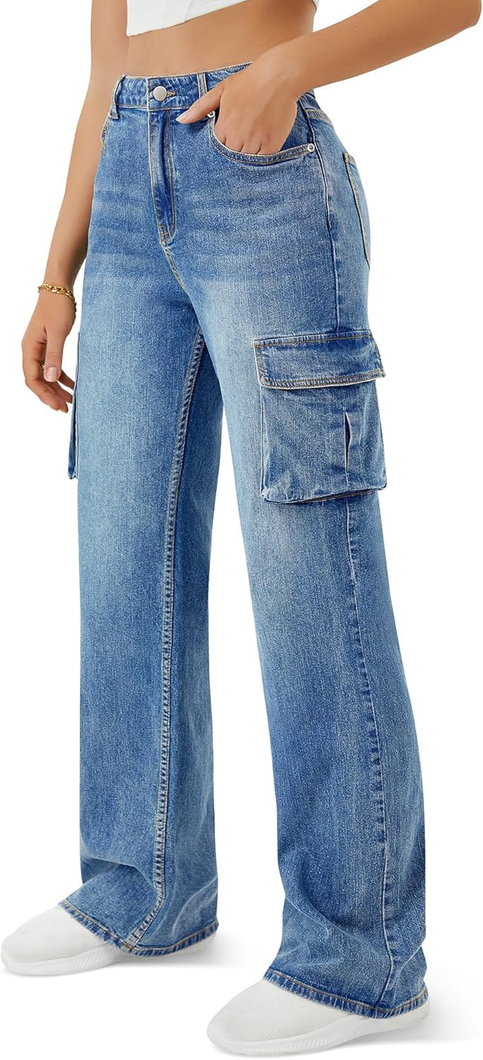 Women High Waisted Cargo Jean for Women with 6 Pockets Straight Wide Leg Jean Casual Baggy Pants - Image 5