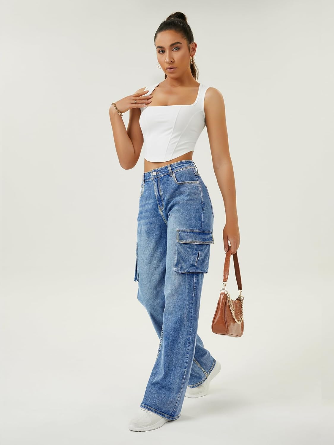 Women High Waisted Cargo Jean for Women with 6 Pockets Straight Wide Leg Jean Casual Baggy Pants - Image 7