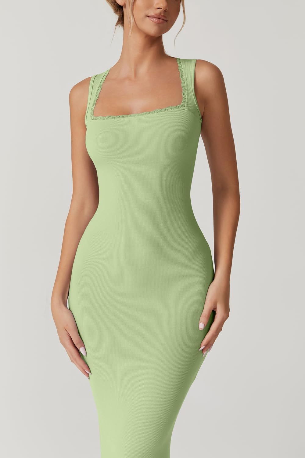 QINSEN Women's Square Neck with Lace Detail Long Maxi Dress Sleeveless Lounge Ribbed Full Length Dresses - Image 3