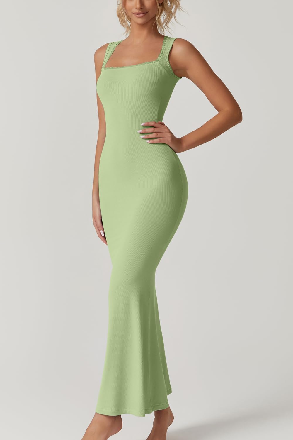 QINSEN Women's Square Neck with Lace Detail Long Maxi Dress Sleeveless Lounge Ribbed Full Length Dresses - Image 4