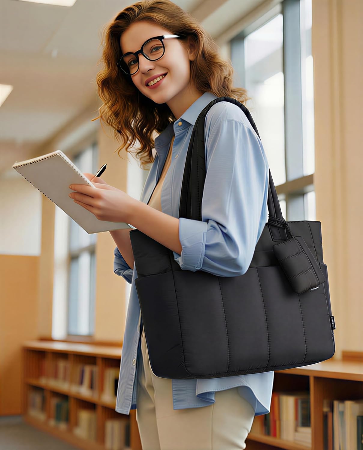 LOVEVOOK Puffer Tote Bag for Women Quilted Work Tote Handbags with Zipper 15.6 inch Teacher Nurse Bags for Office - Image 3