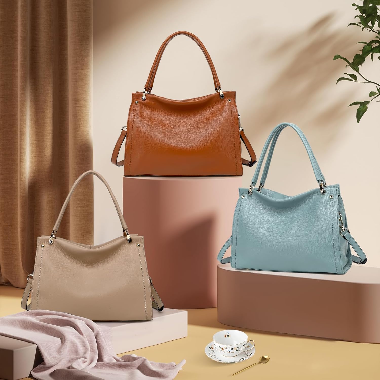 KOGTLA Medium Genuine Leather Tote Handbags for Women, Ladies Soft Satchel Shoulder Purses, Two-Handle Hobo Bags - Image 4