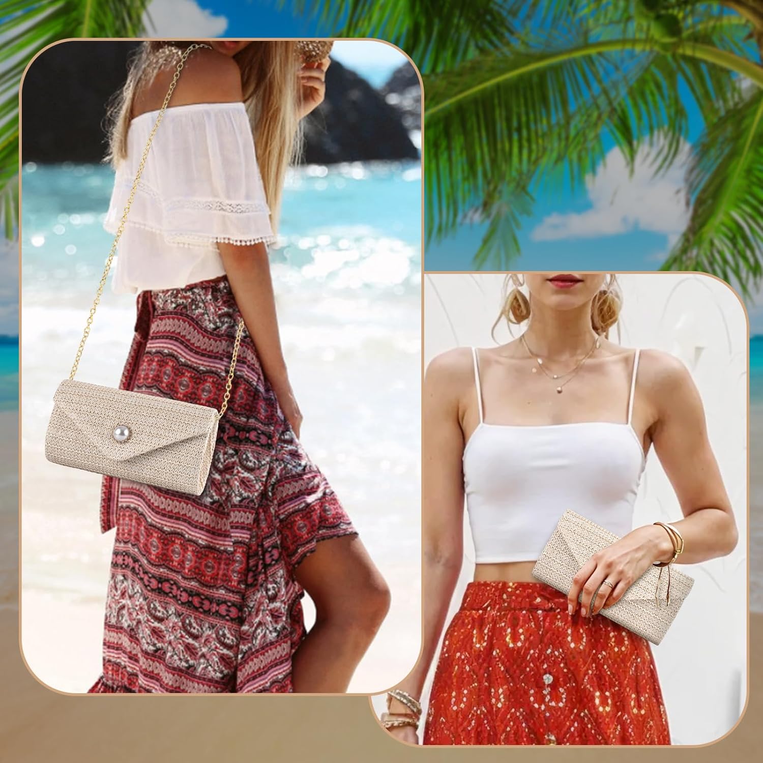 PACETAP Straw Clutch Purse for Women, Pearl Decoration Boho Crossbody Bags, Evening Clutch Purses Handbags for Wedding Party Cocktail Prom Dinner(Beige white) - Image 3