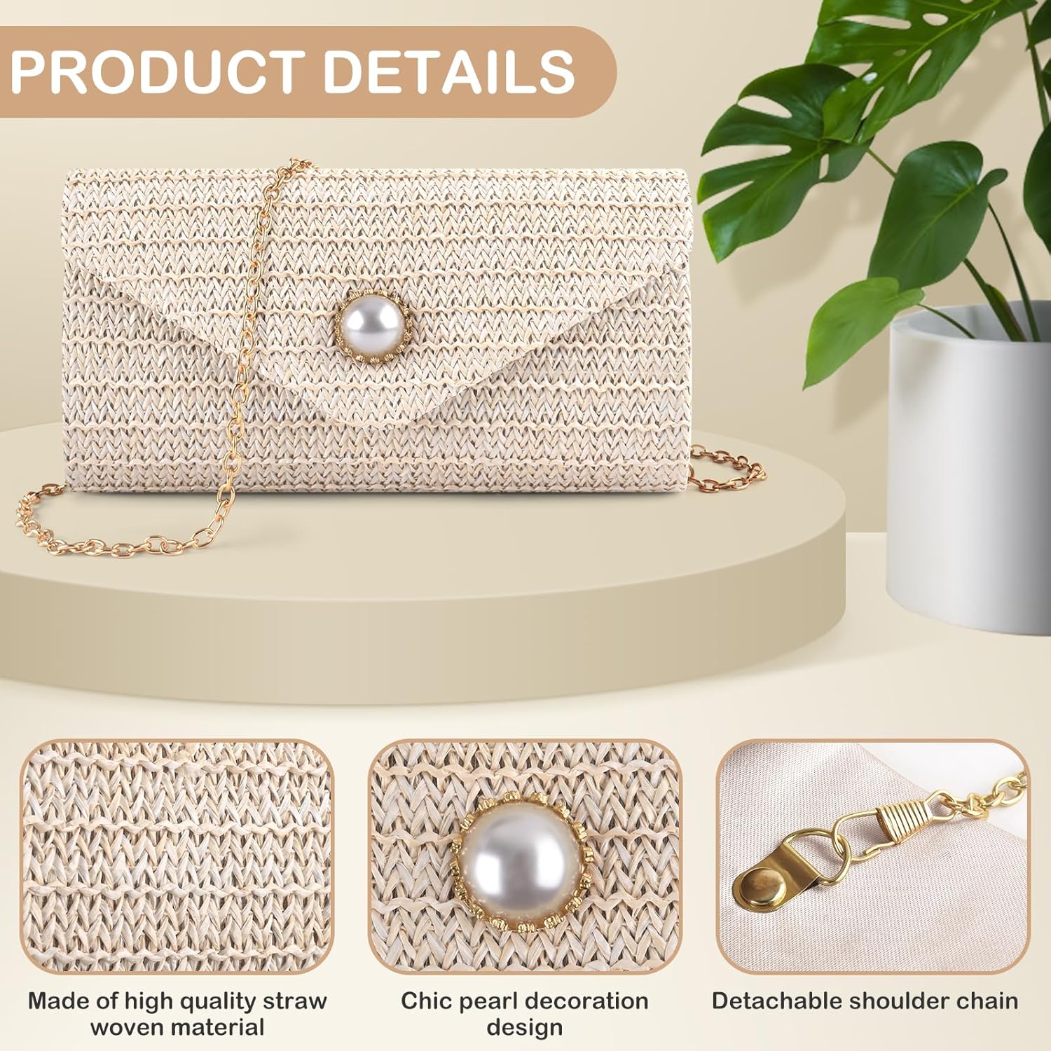 PACETAP Straw Clutch Purse for Women, Pearl Decoration Boho Crossbody Bags, Evening Clutch Purses Handbags for Wedding Party Cocktail Prom Dinner(Beige white) - Image 5