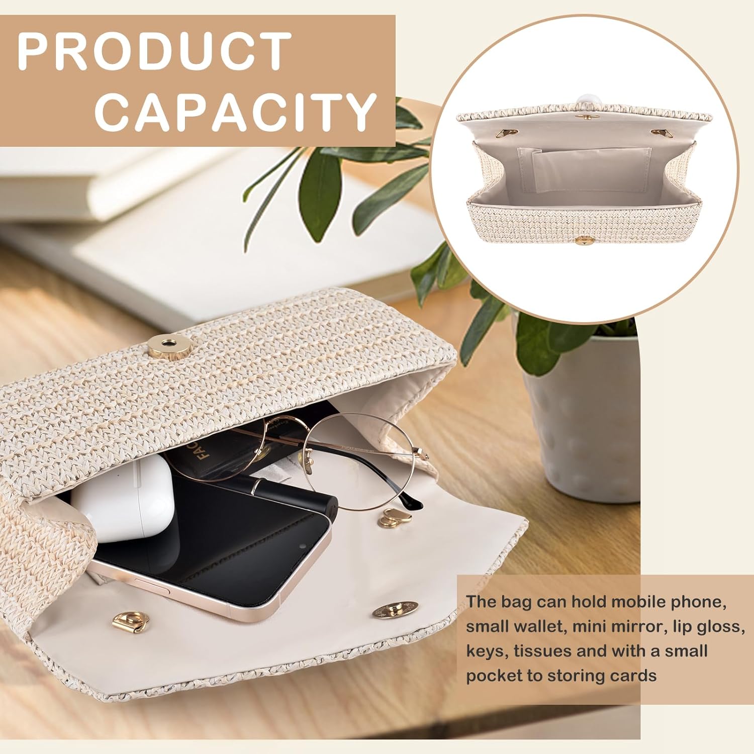 PACETAP Straw Clutch Purse for Women, Pearl Decoration Boho Crossbody Bags, Evening Clutch Purses Handbags for Wedding Party Cocktail Prom Dinner(Beige white) - Image 6