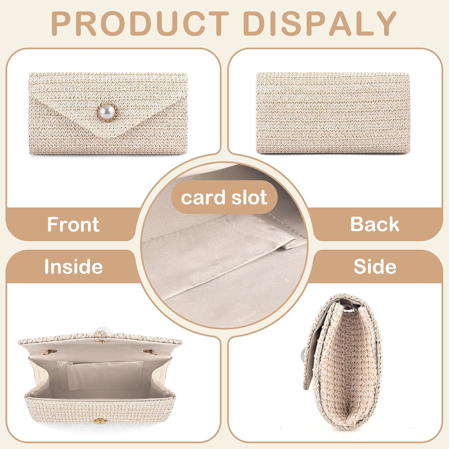 PACETAP Straw Clutch Purse for Women, Pearl Decoration Boho Crossbody Bags, Evening Clutch Purses Handbags for Wedding Party Cocktail Prom Dinner(Beige white) - Image 7
