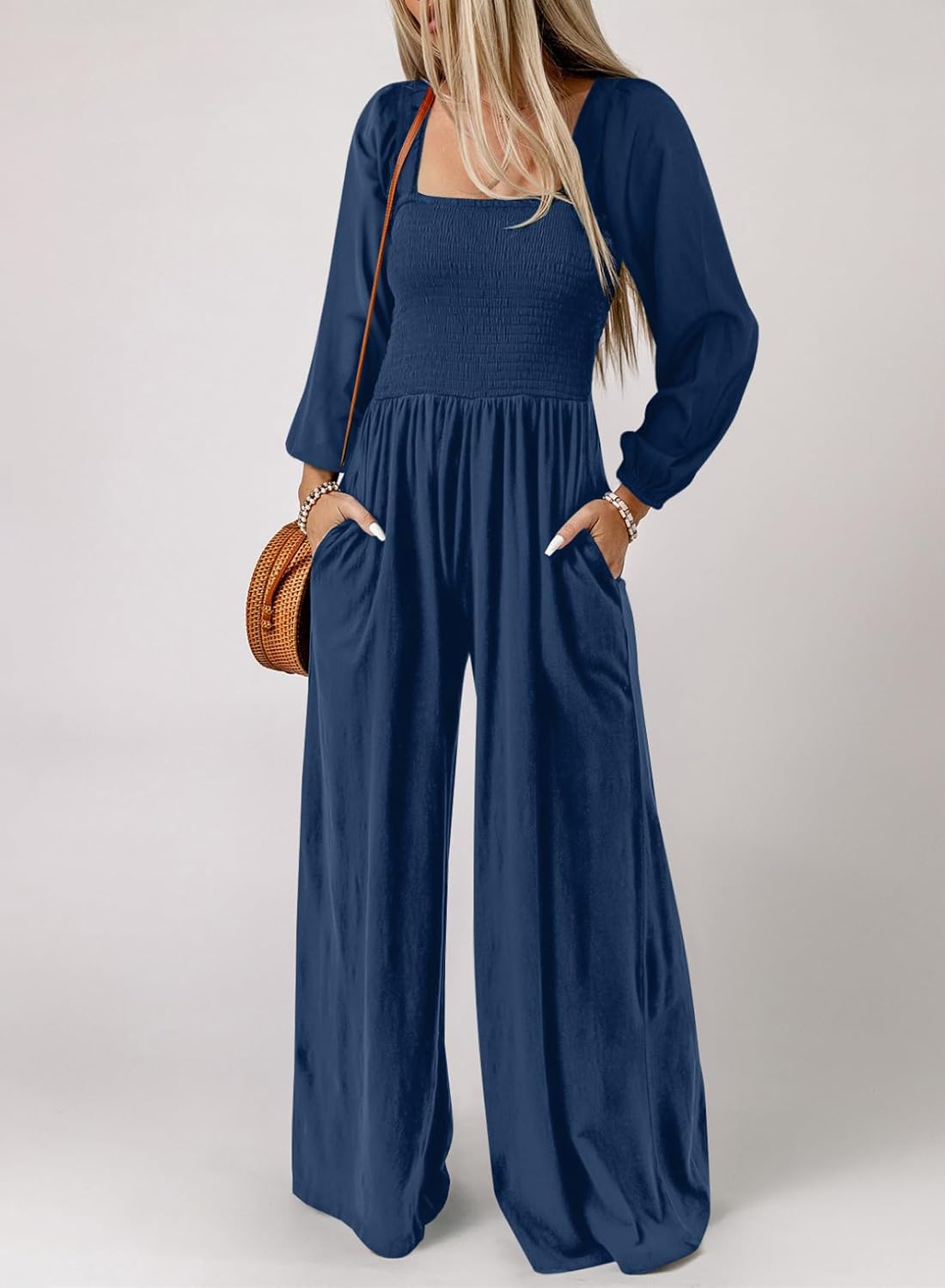 Happy Sailed Women's Long Sleeve Jumpsuits Loose Fit Overalls Square Neck Pockets High Waisted Wide Leg Pants Rompers - Image 3