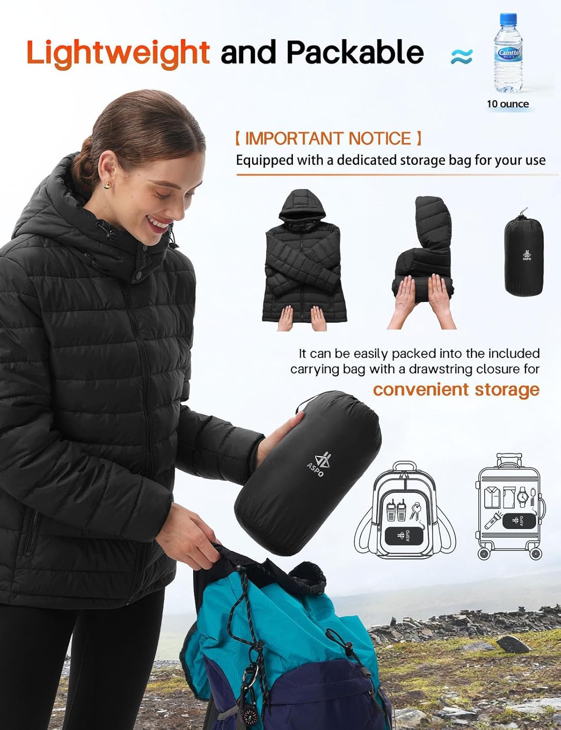 ASPO Women's Packable Puffer Jacket Lightweight Waterproof Warm Full Zip Quilted Winter Coat with Hood - Image 5