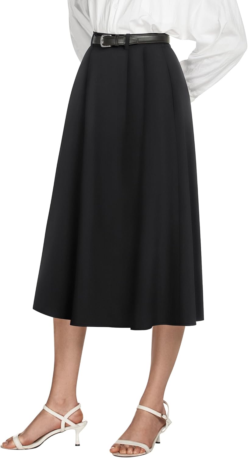 Casly Lamiit Women's High Waisted Midi Skirts Summer Business Skirt Flare Work A Line Pleated Skirt with Pockets - Image 3