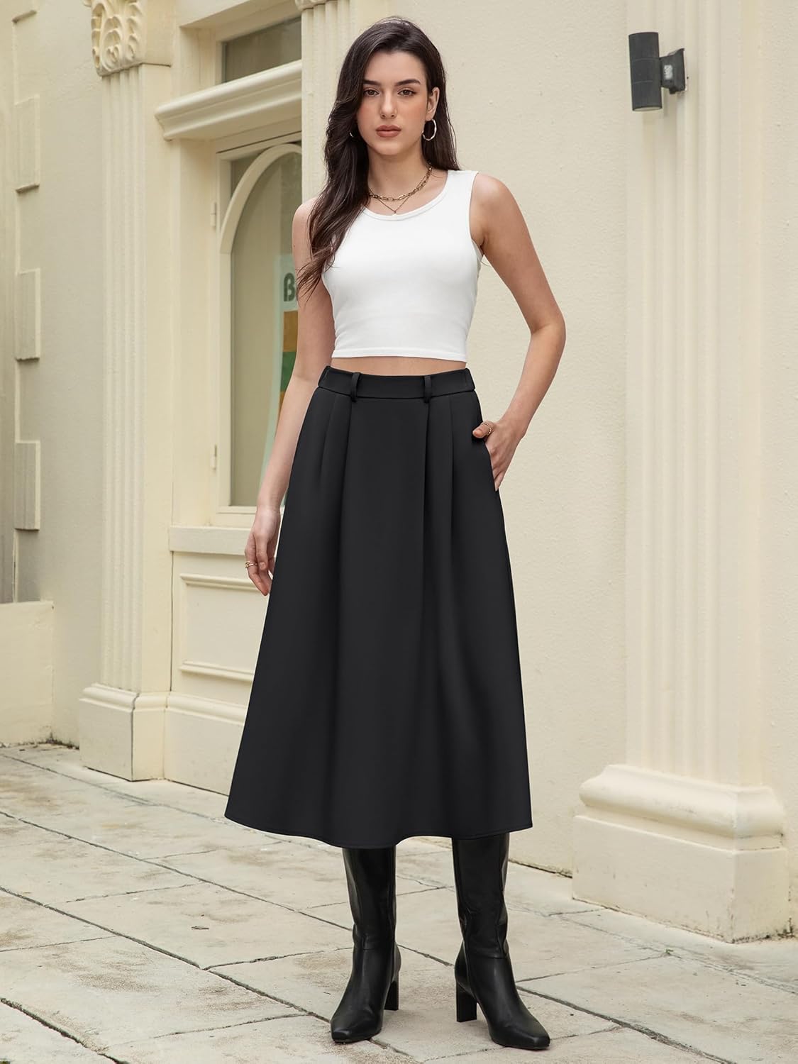 Casly Lamiit Women's High Waisted Midi Skirts Summer Business Skirt Flare Work A Line Pleated Skirt with Pockets - Image 4