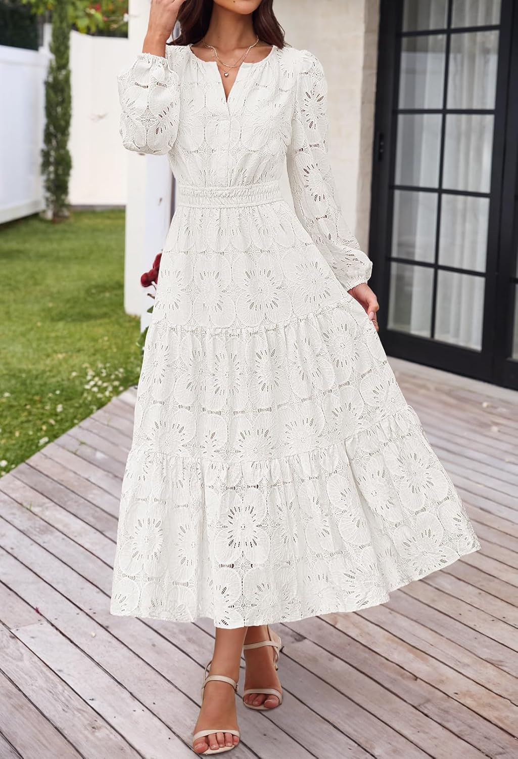 MEROKEETY Women's Fall Long Sleeve Floral Maxi Dress Lace Eyelet Hollow Out Tiered Boho Wedding Guest Dresses Pockets - Image 3