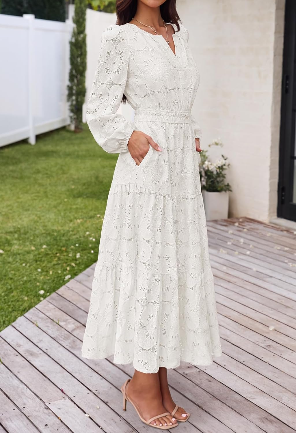 MEROKEETY Women's Fall Long Sleeve Floral Maxi Dress Lace Eyelet Hollow Out Tiered Boho Wedding Guest Dresses Pockets - Image 4