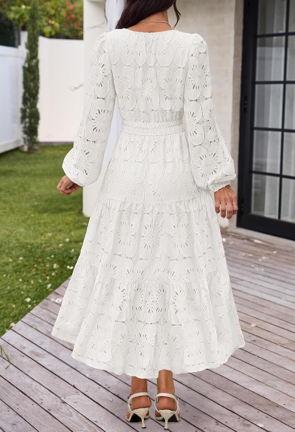 MEROKEETY Women's Fall Long Sleeve Floral Maxi Dress Lace Eyelet Hollow Out Tiered Boho Wedding Guest Dresses Pockets - Image 5