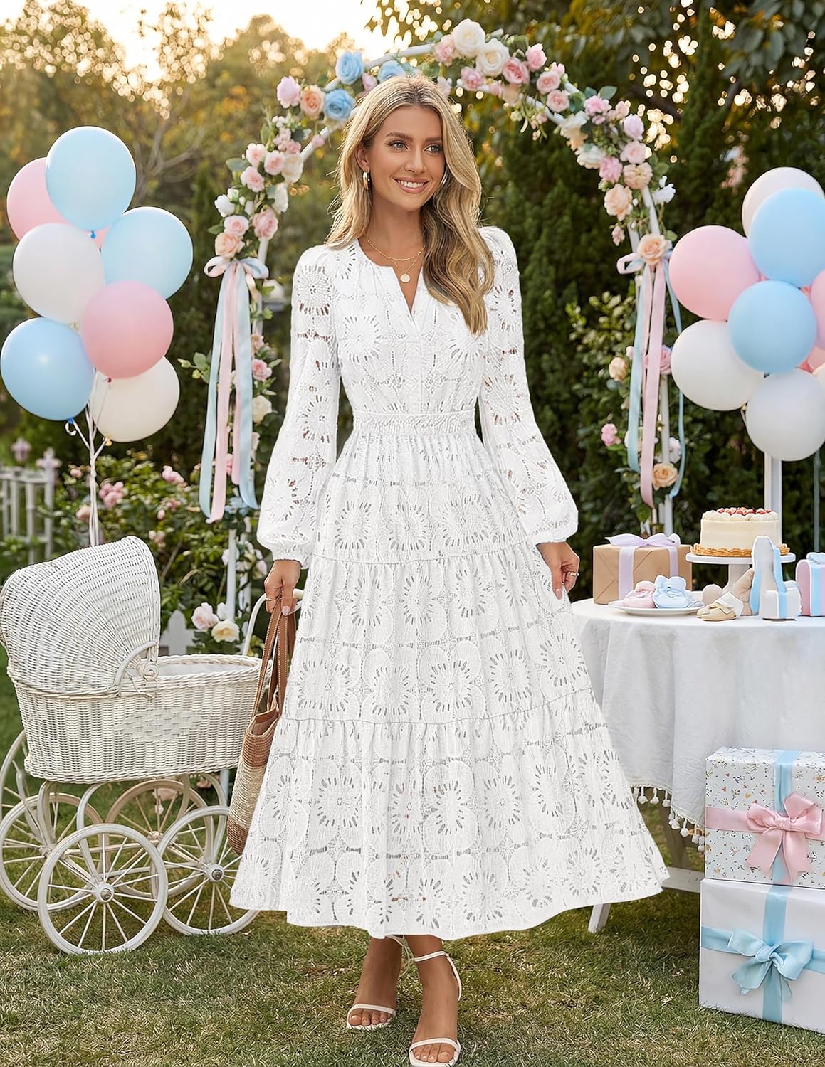 MEROKEETY Women's Fall Long Sleeve Floral Maxi Dress Lace Eyelet Hollow Out Tiered Boho Wedding Guest Dresses Pockets - Image 7