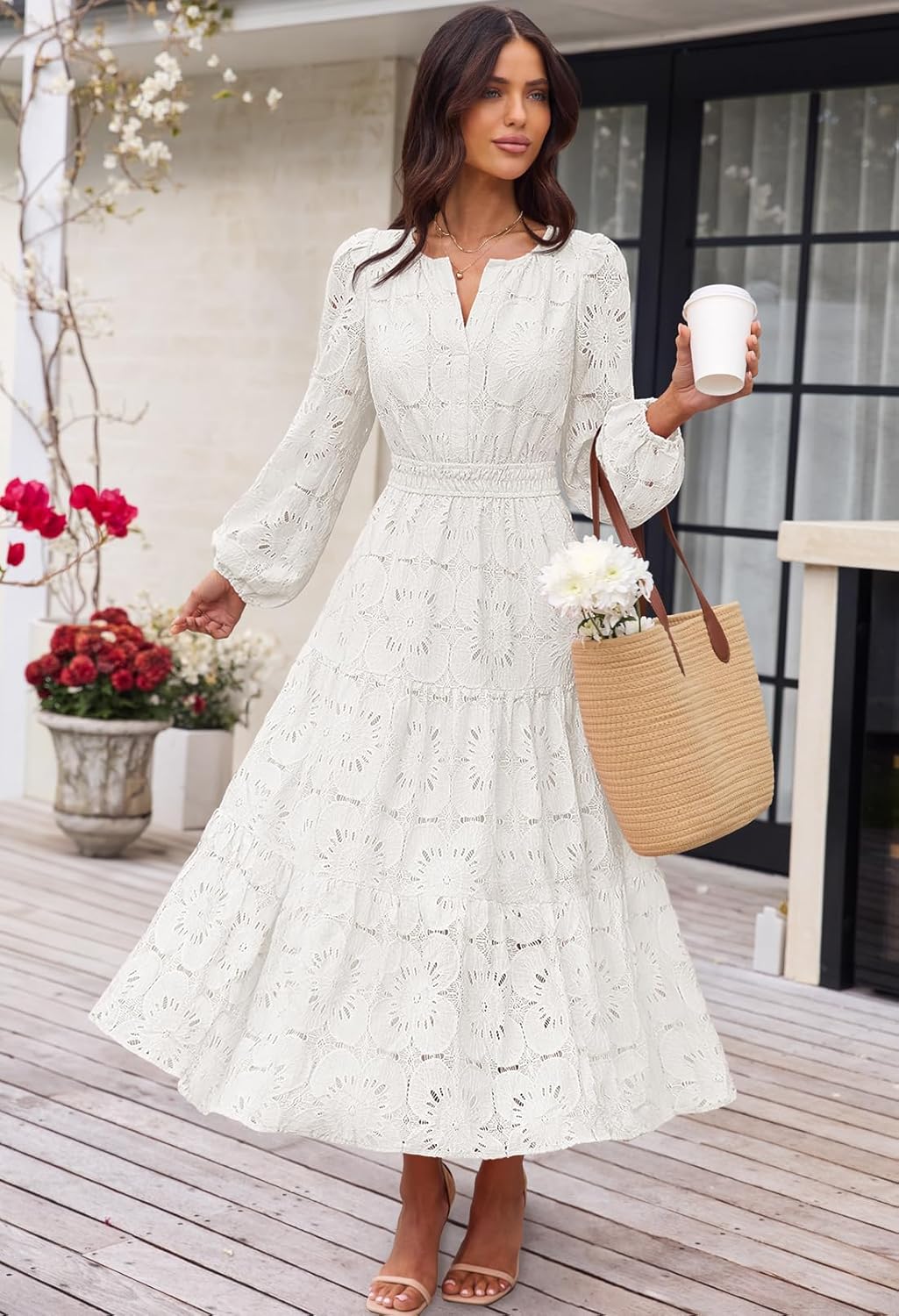 MEROKEETY Women's Fall Long Sleeve Floral Maxi Dress Lace Eyelet Hollow Out Tiered Boho Wedding Guest Dresses Pockets - Image 9