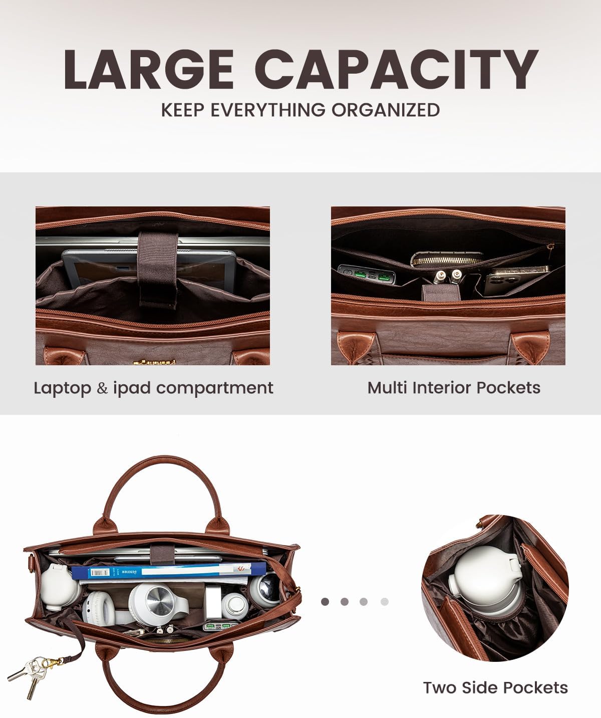LOVEVOOK Laptop Tote Bag for Women, Vintage Leather Work Bag With Cup Holder, Waterproof Computer Purse, Professional Briefcase Office Shoulder Handbag, 15.6 Inch, Brown - Image 4