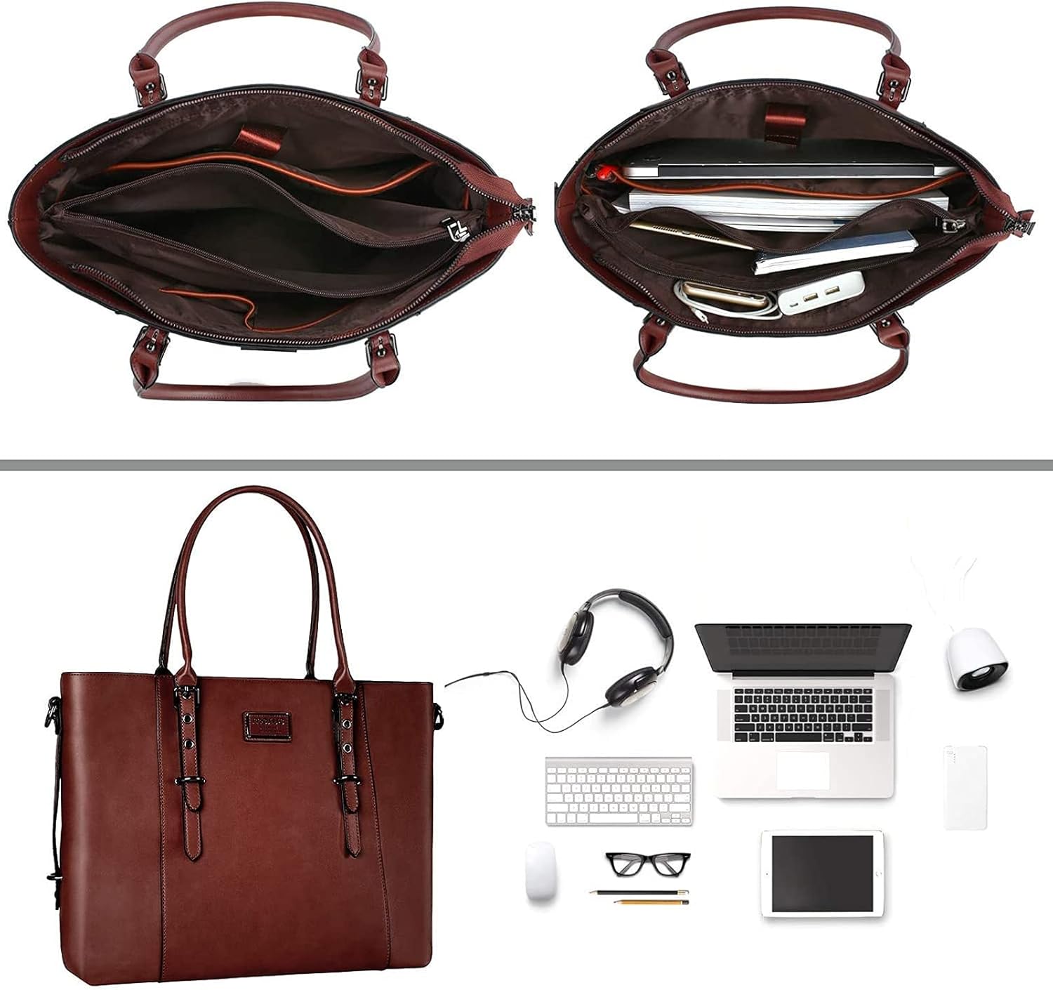 MOSISO Laptop Bag for Women, Waterproof Vintage PU Leather Briefcase Shoulder Computer Laptop Tote Bag for Office Work - Image 4