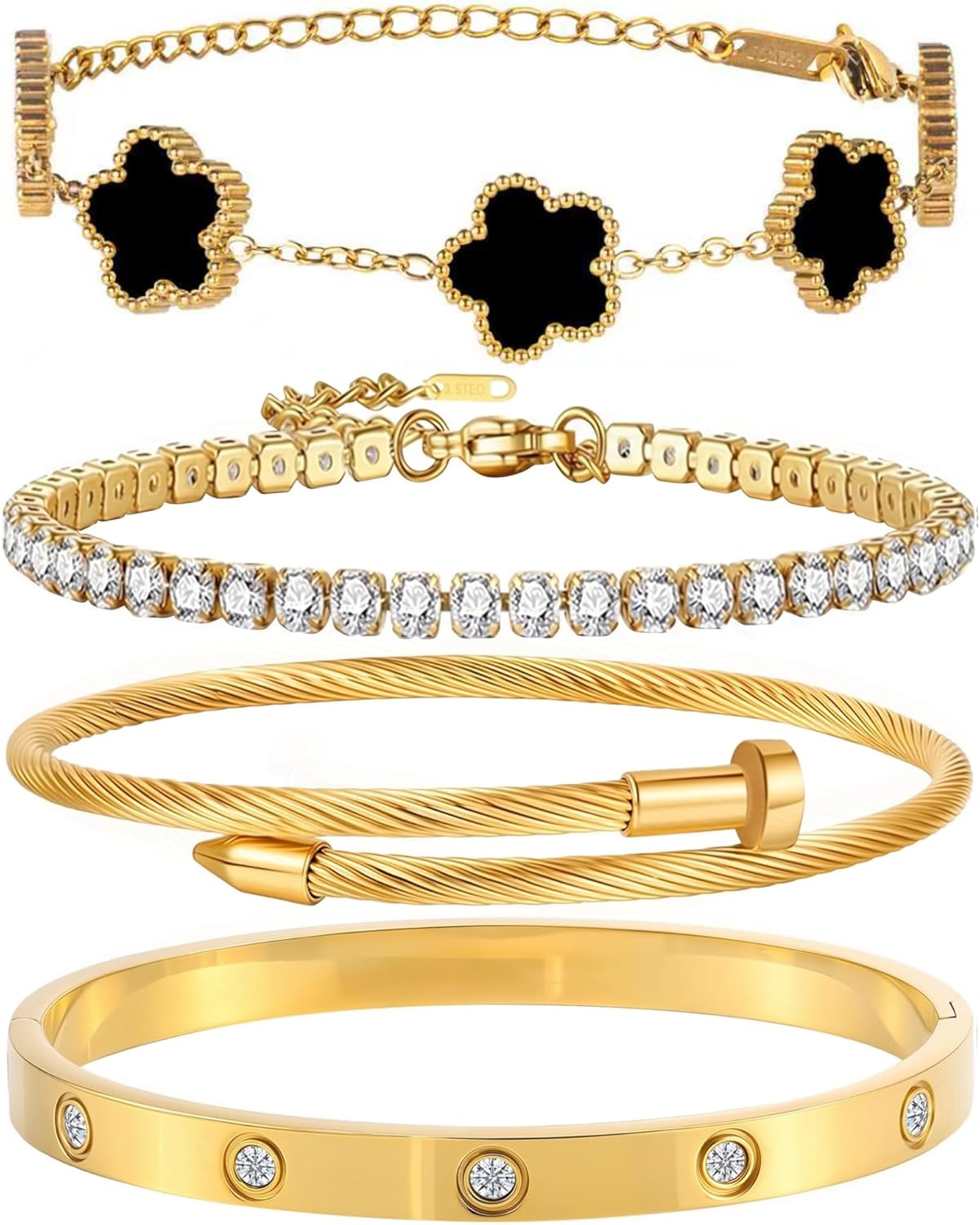 18K Gold Plated Nail Love Bangle Bracelet Set for Women Stackable Floral Clover Adjustable Tennis Bracelet Non Tarnish Gift Jewelry for Christmas Valentines Birthday Mother's Day - Image 2