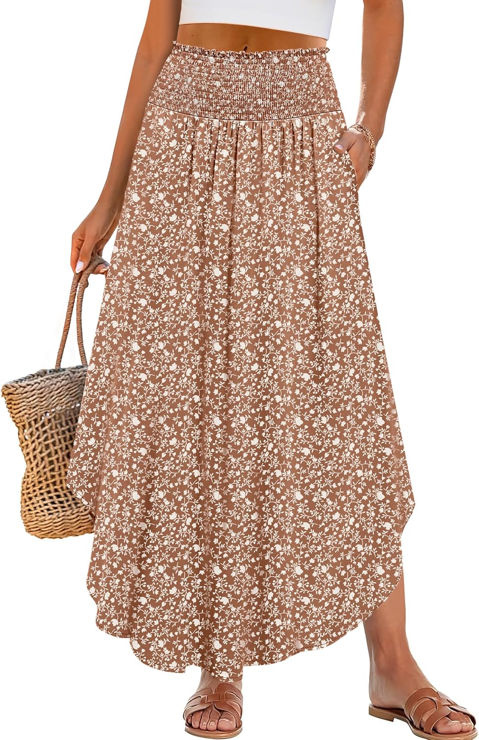 ANRABESS Women's Maxi Skirts Summer Boho Floral High Waisted Flowy Swing Pleated Beach Long Skirt with Pockets - Image 2