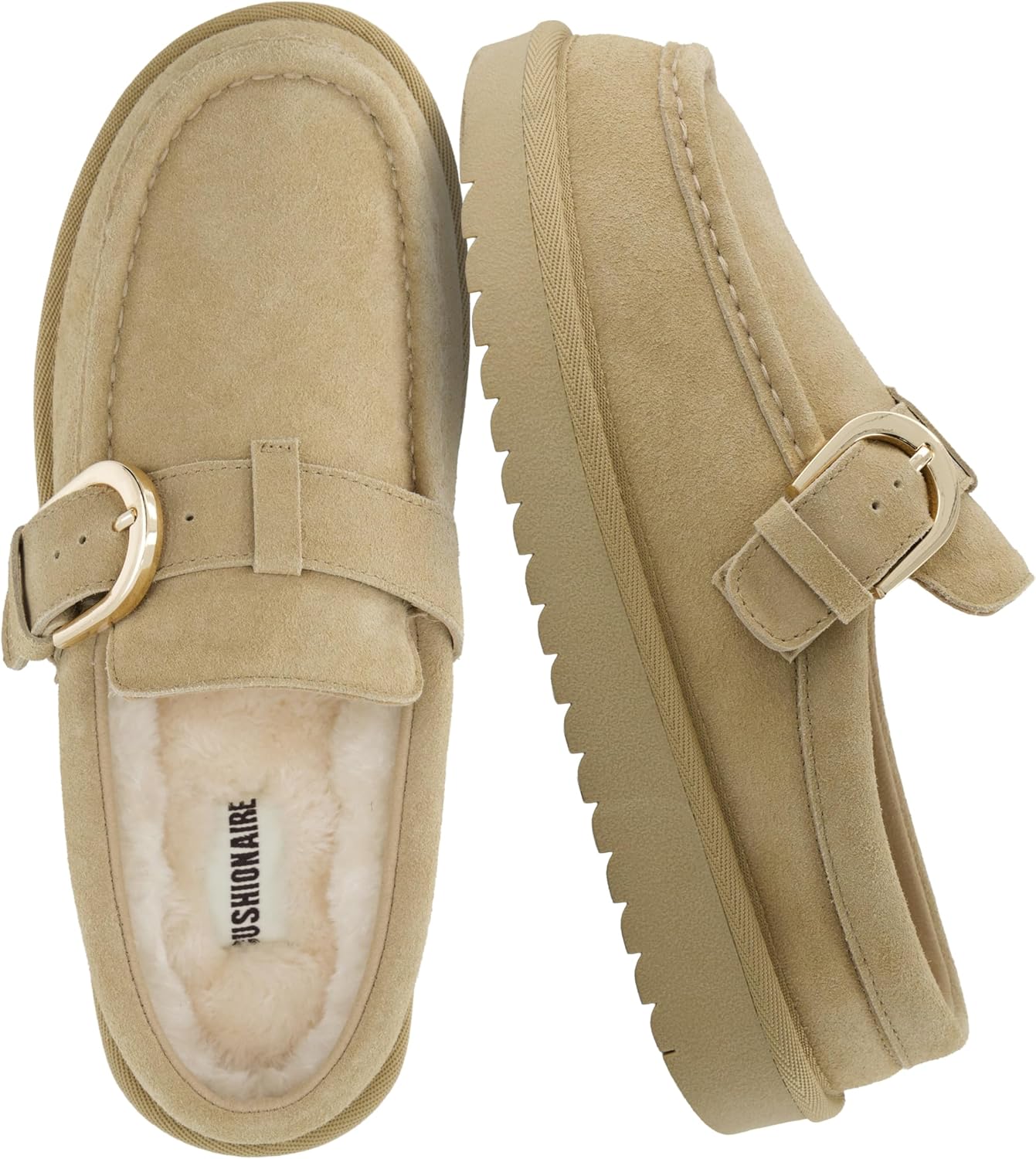 CUSHIONAIRE Origin Genuine Suede Mule Clogs for Women, Cozy Slip-On Moc Toe Loafer with Buckle and Faux Fur Cushioned Footbed - Image 2