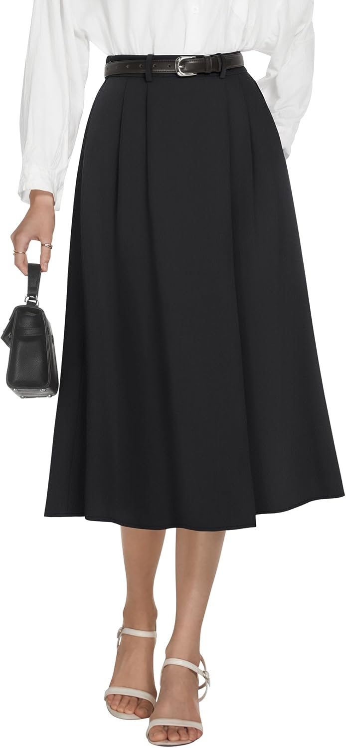 Casly Lamiit Women's High Waisted Midi Skirts Summer Business Skirt Flare Work A Line Pleated Skirt with Pockets - Image 2