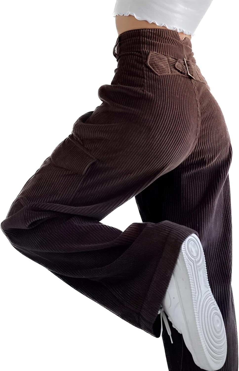 EMMIOL High Waisted Corduroy Pants for Women, Bootcut Wide Leg and Baggy, Cargo Vintage Loose Trouser in Dark Brown Black - Image 2