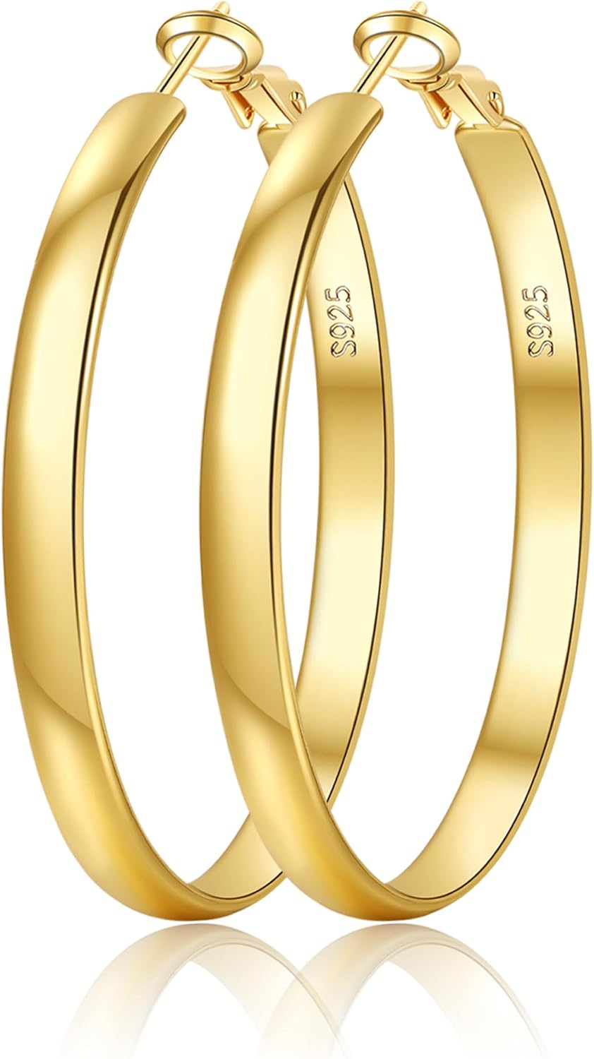 EXGOX 5mm Wide Gold Hoop Earrings for Women,Sterling Silver Hoop Earrings Large Silver Hoop Earrings Hypoallergenic Lightweight 14K Real Gold Plated Big Hoop Earrings for Women 30/40/50/60/70mm - Image 2