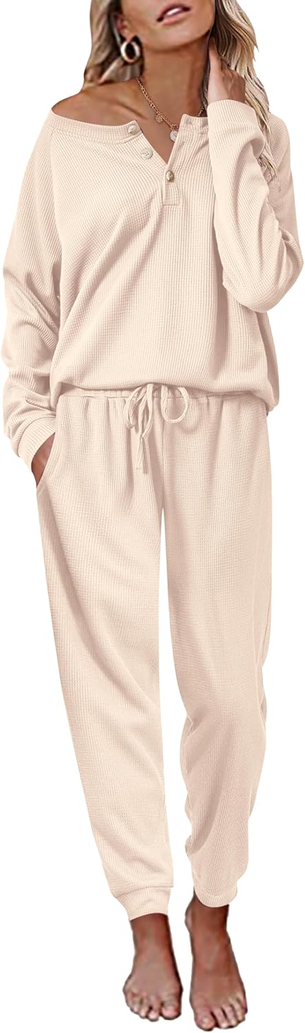 Ekouaer Pajamas Women's Waffle Knit Sleepwear Long Sleeve Top with Pants Casual Pjs Loungewear Set S-XXL - Image 2