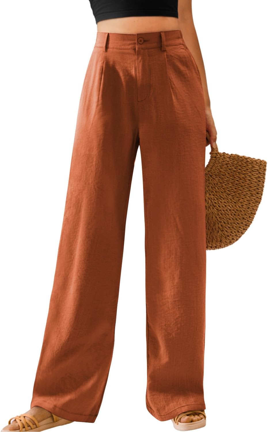 Feiersi Womens Casual Wide Leg Pants High Waisted Button Down Straight Long Trousers Palazzo Pants - Image 2