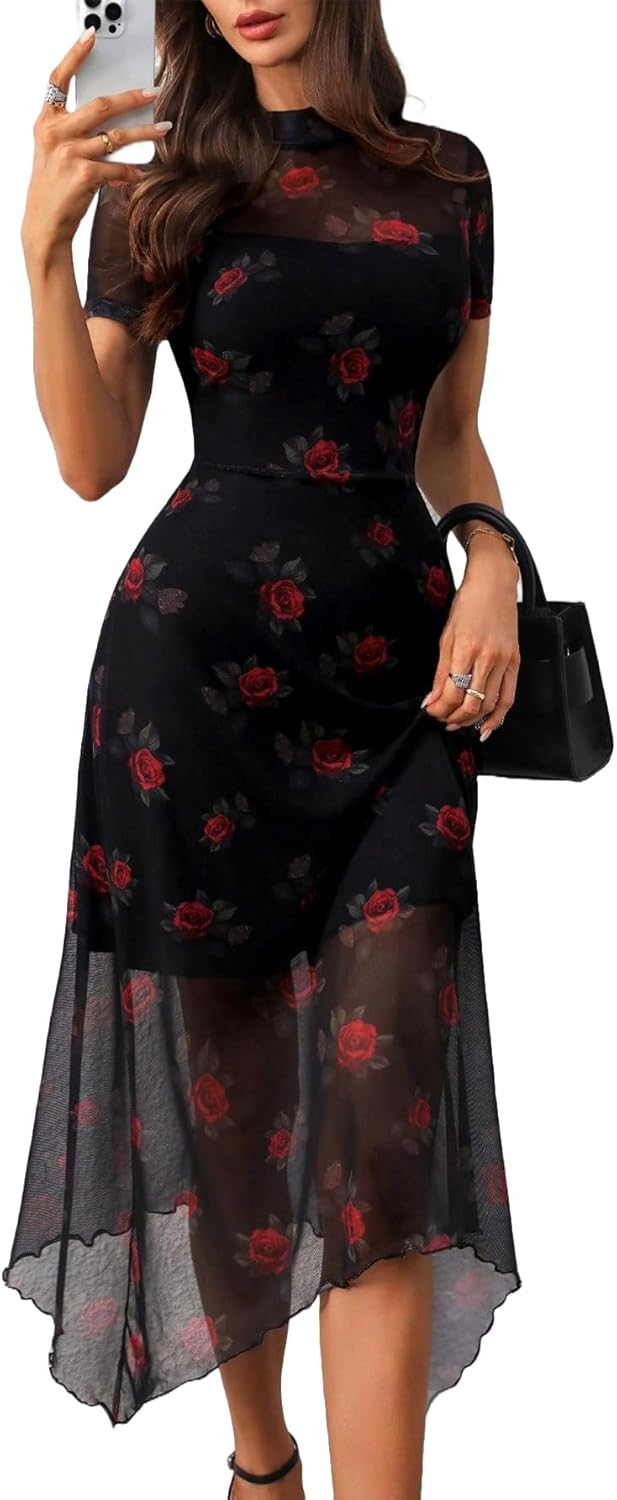 GothDark Women's Wedding Guest Floral Print Vintage Goth Dress Mesh Spliced Double-Layered Irregular Hemline Midi Dresses - Image 2