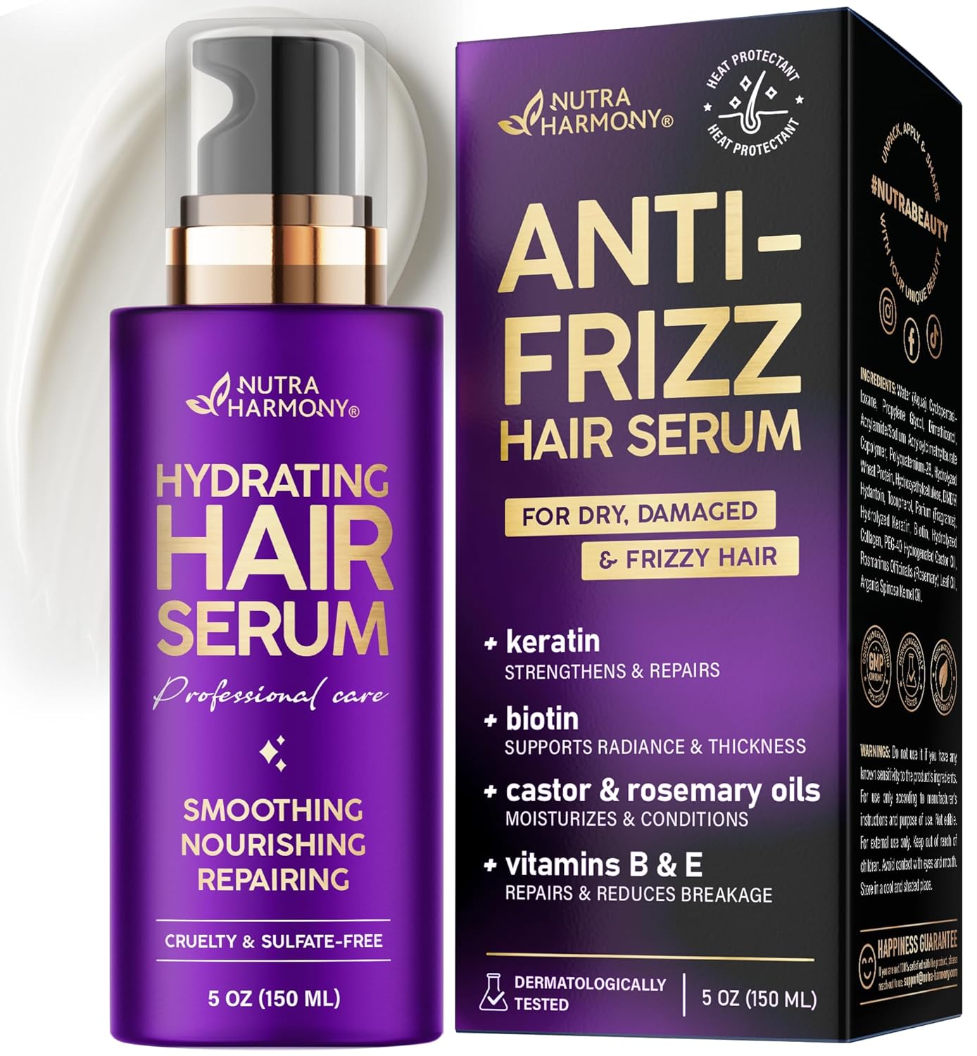 Hydrating Hair Serum for Dry & Frizzy Hair, Lightweight Leave-In Anti-Frizz Treatment, Non-Greasy Split Ends Repair with Keratin, Biotin, Castor & Rosemary Oils, Smooth Shine & Heat Protection, 5 oz - Image 2