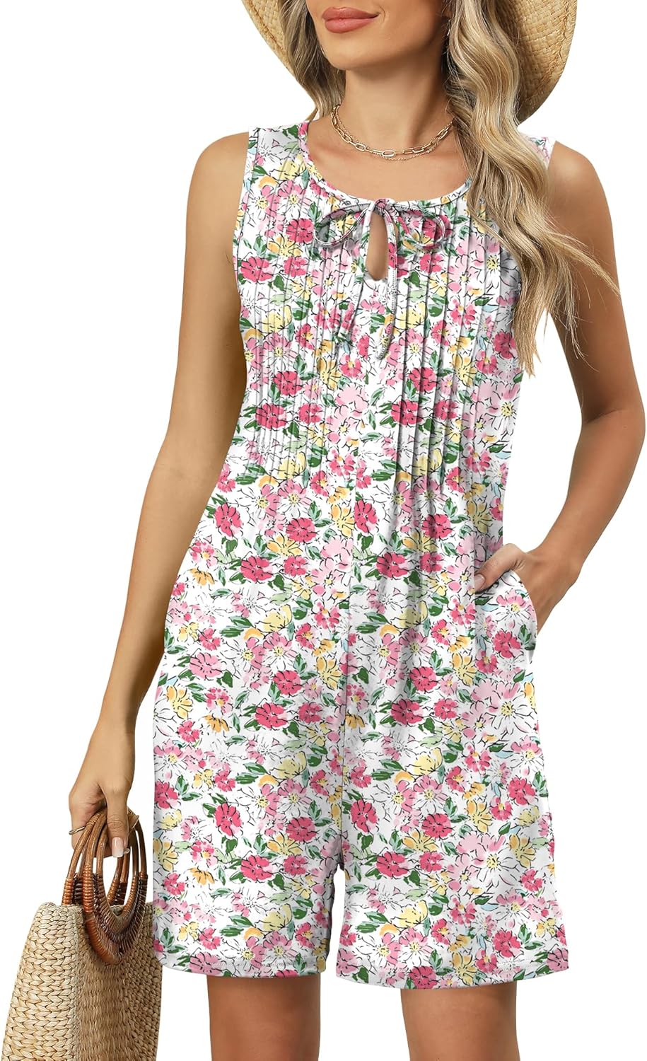 IECCP Womens Rompers 2026 Summer Trendy Pleated Jumpsuit Casual Loose Shorts Overall Sleeveless Outfits with Pockets - Image 2
