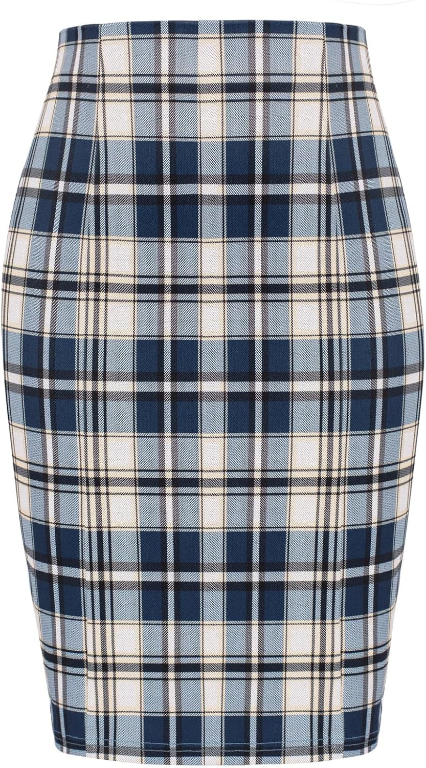 Kate Kasin Womens Knee Length Elastic Waist Stretchy Bodycon Plaid Business Pencil Skirt - Image 2
